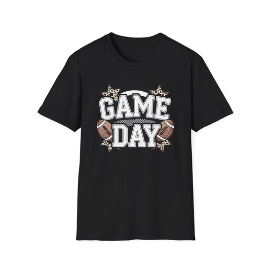 Game Day Glitter Football T-Shirt β Leopard Star & Checkerboard Design for Sports Fans