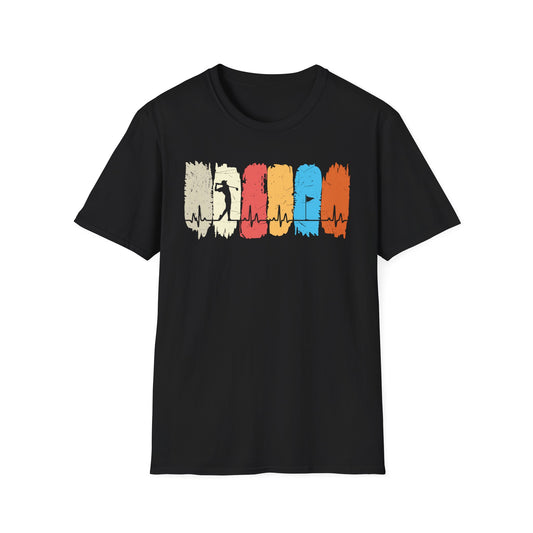 Golfer Heartbeat Retro Sports Tee β Golf graphic t-shirt with ECG heart line Black