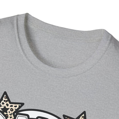 Game Day Glitter Football T-Shirt – Leopard Star & Checkerboard Design for Sports Fans