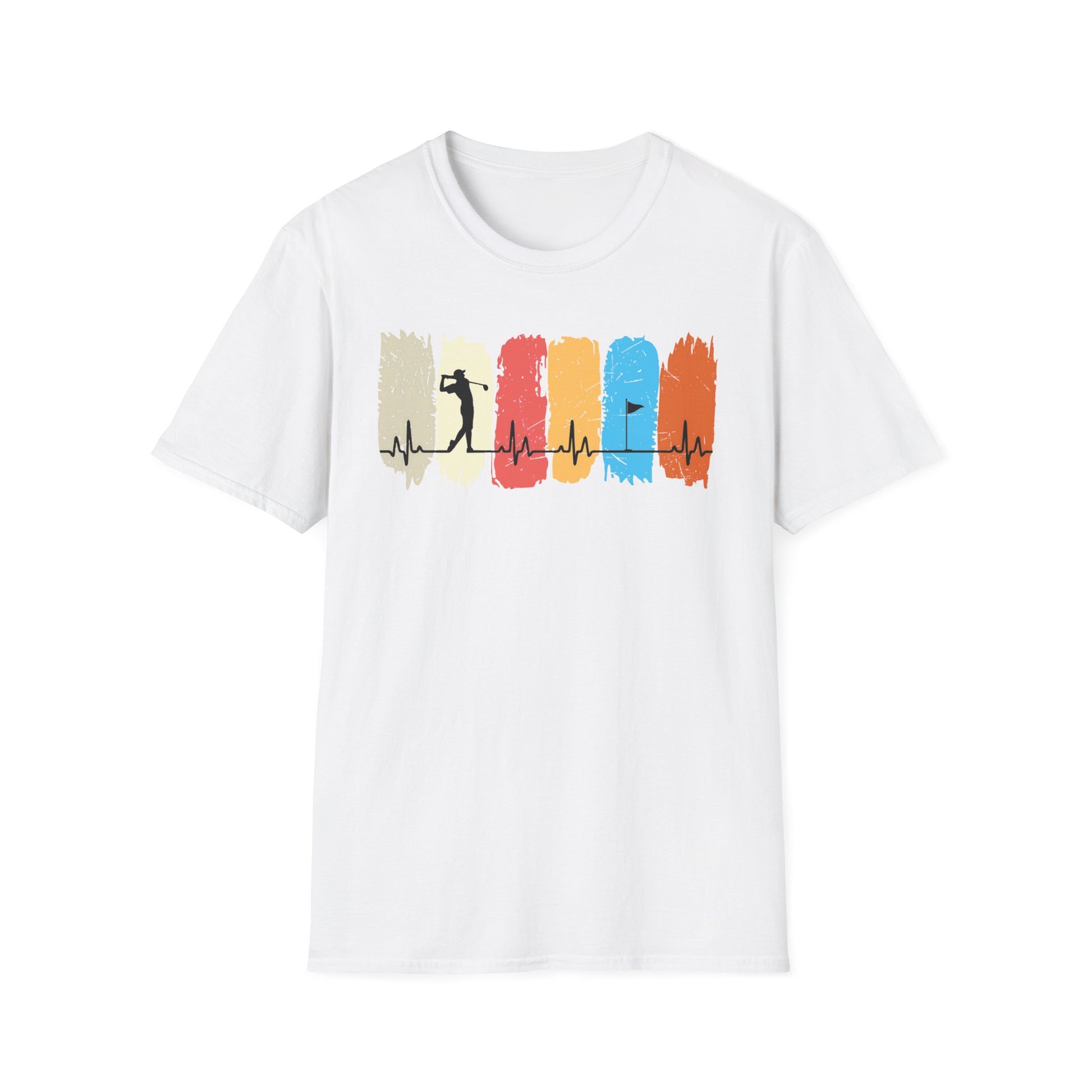 Golfer Heartbeat Retro Sports Tee – Golf graphic t-shirt with ECG heart line White
