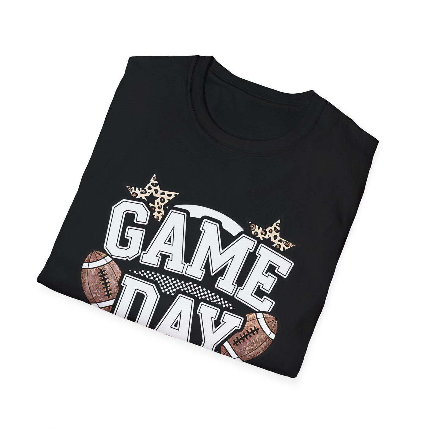 Game Day Glitter Football T-Shirt – Leopard Star & Checkerboard Design for Sports Fans