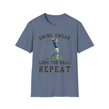 Swing Swear Look For Ball Repeat Golf Tee – funny golf humor sports t-shirt in Heather Indigo
