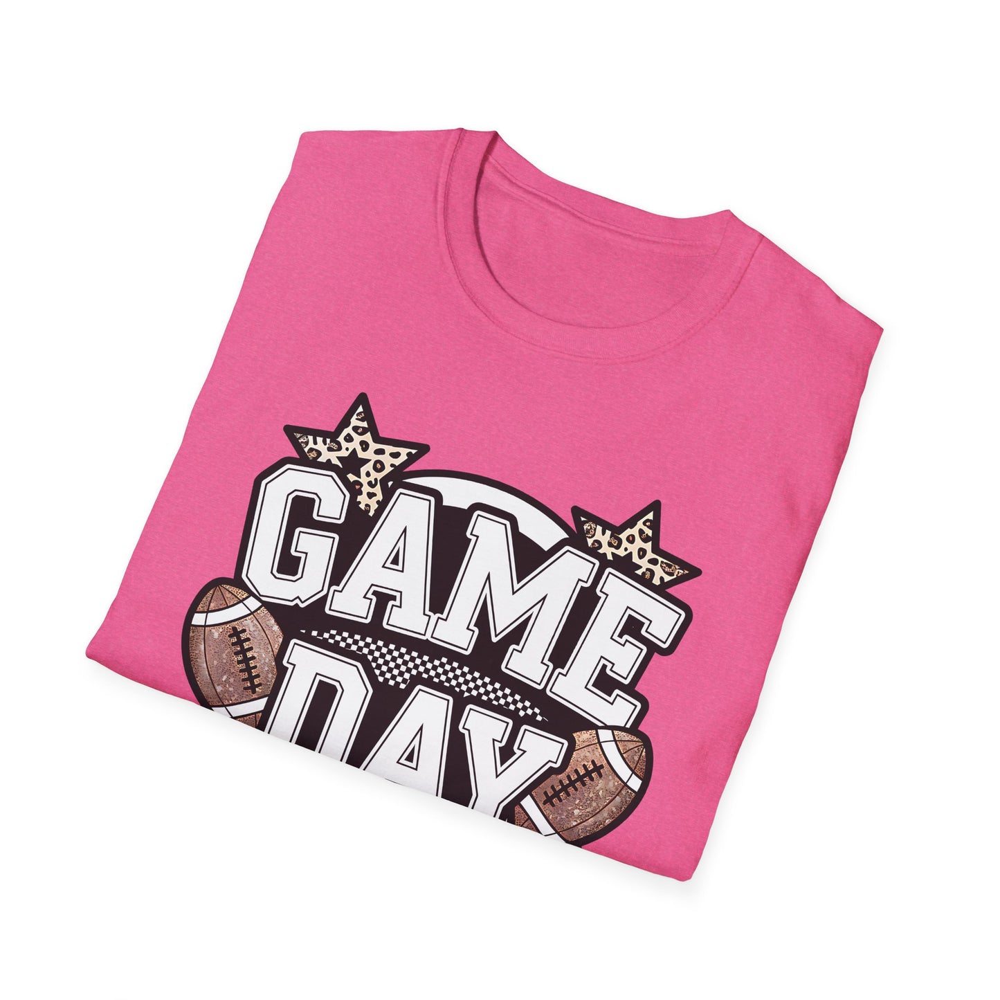 Game Day Glitter Football T-Shirt – Leopard Star & Checkerboard Design for Sports Fans