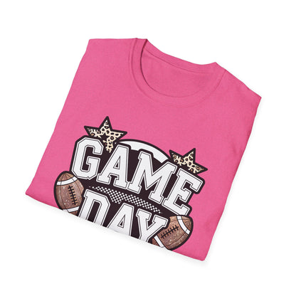 Game Day Glitter Football T-Shirt – Leopard Star & Checkerboard Design for Sports Fans