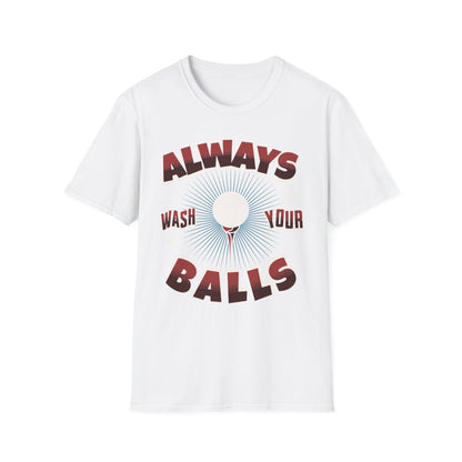 Always Wash Your Balls golf tee – funny vintage golf humor sports graphic T-shirt in White