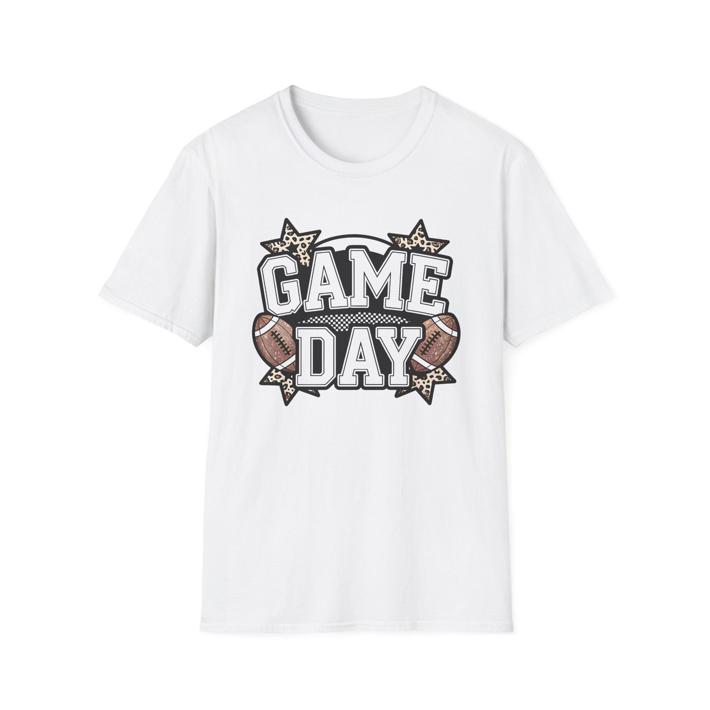 Game Day Glitter Football T-Shirt – Leopard Star & Checkerboard Design for Sports Fans