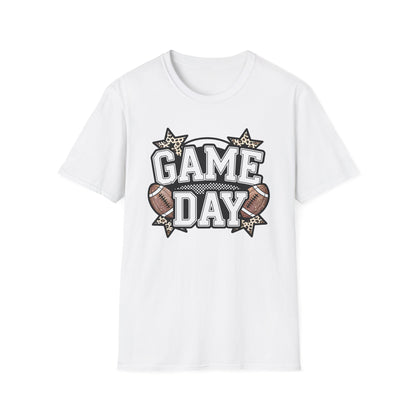 Game Day Glitter Football T-Shirt – Leopard Star & Checkerboard Design for Sports Fans