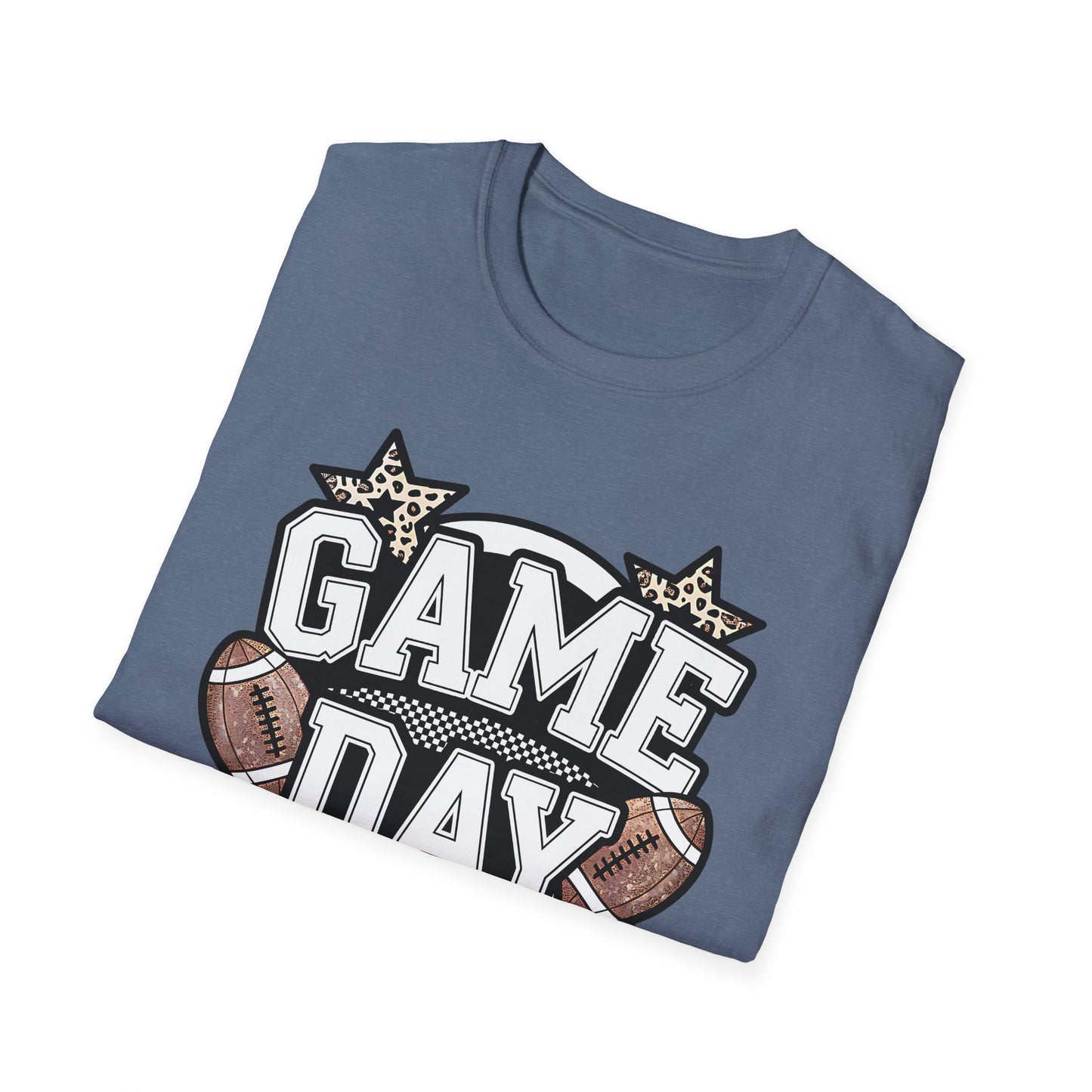 Game Day Glitter Football T-Shirt – Leopard Star & Checkerboard Design for Sports Fans