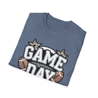 Game Day Glitter Football T-Shirt – Leopard Star & Checkerboard Design for Sports Fans