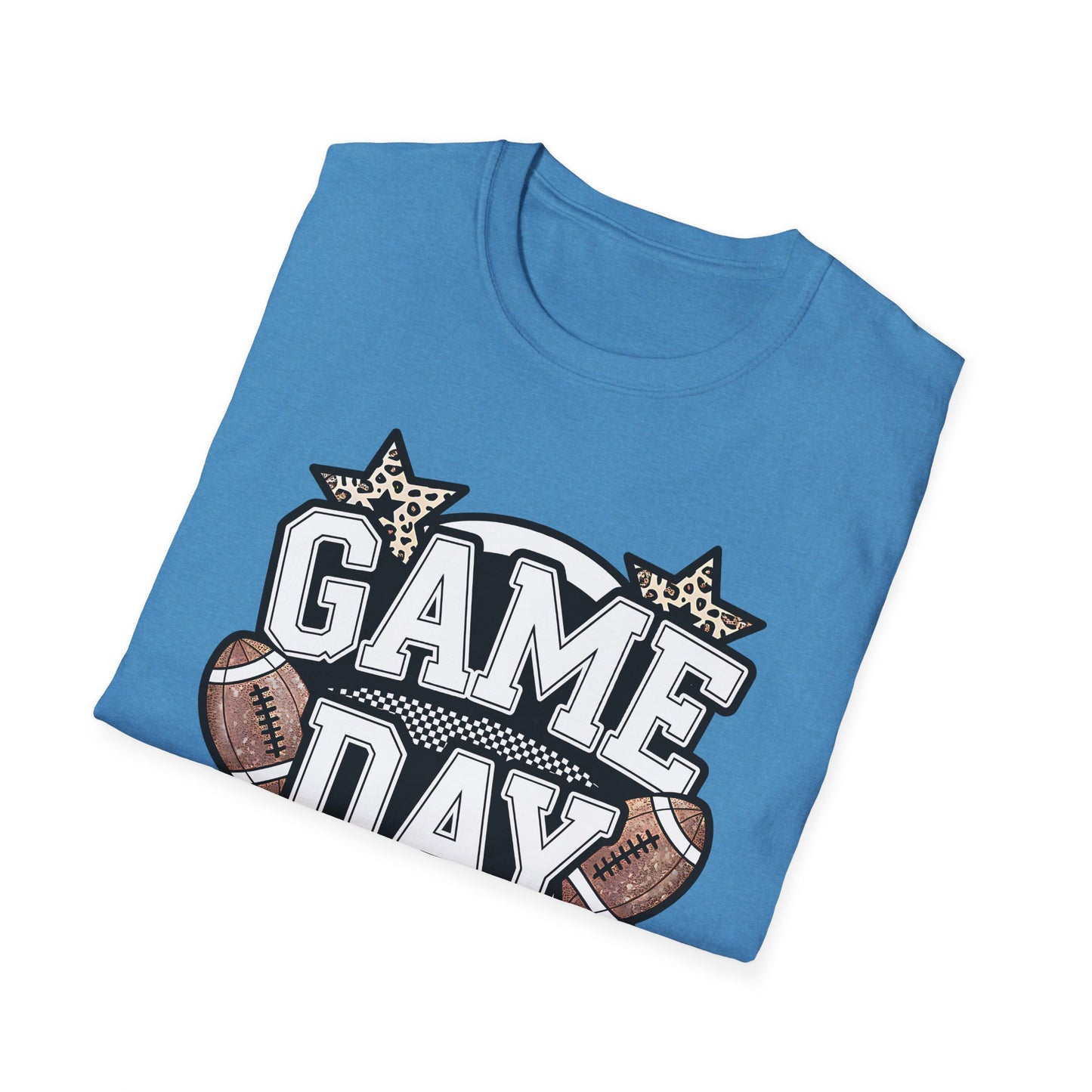 Game Day Glitter Football T-Shirt – Leopard Star & Checkerboard Design for Sports Fans
