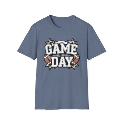 Game Day Glitter Football T-Shirt – Leopard Star & Checkerboard Design for Sports Fans