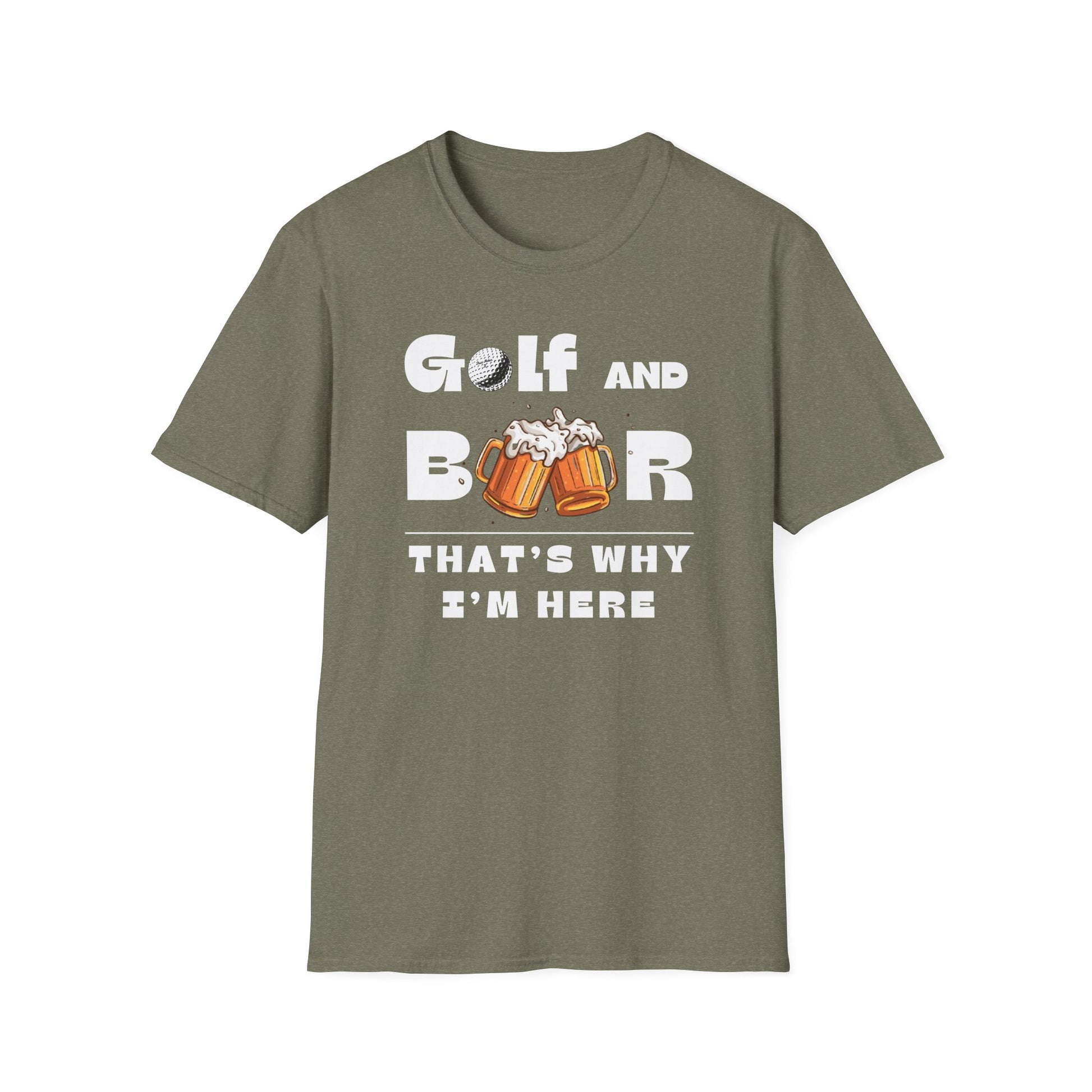 Golf & Beer Tee – funny golf humor sports graphic T-shirt in Heather Military Green
