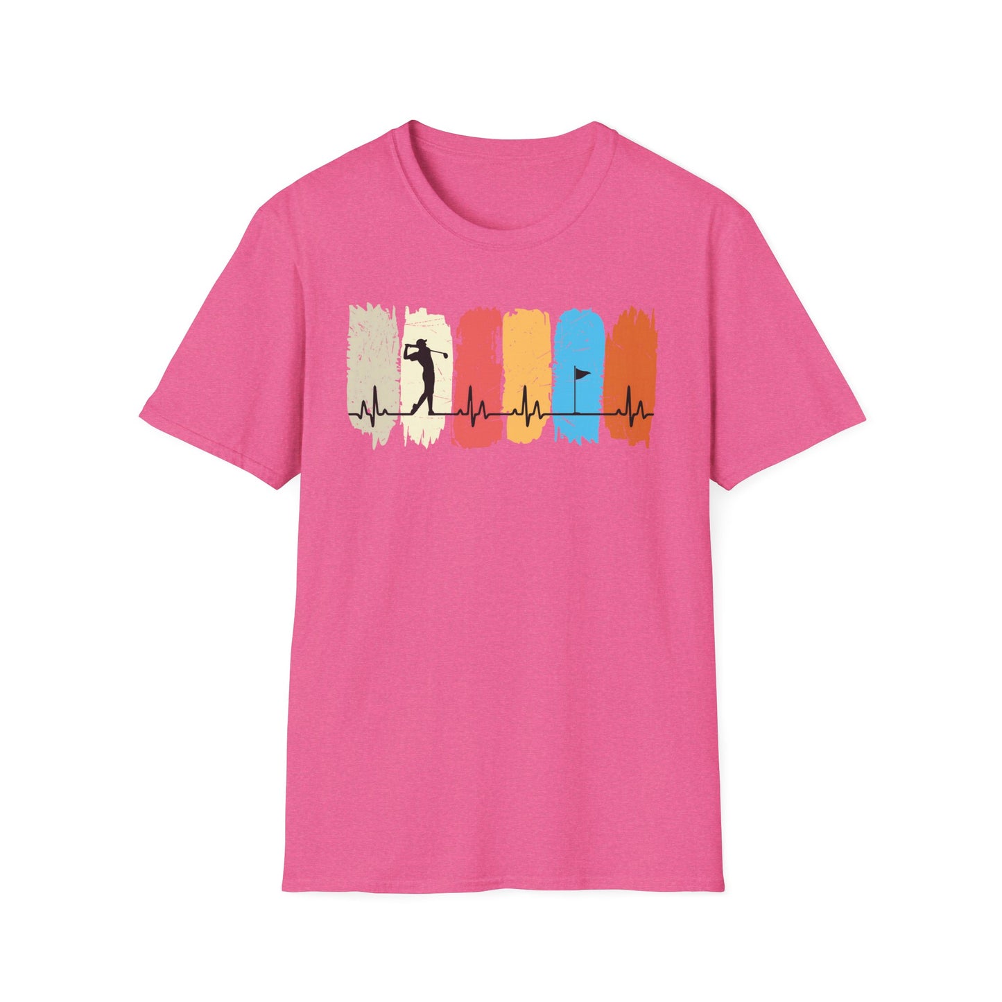 Golfer Heartbeat Retro Sports Tee – Golf graphic t-shirt with ECG heart line Heather Heliconia