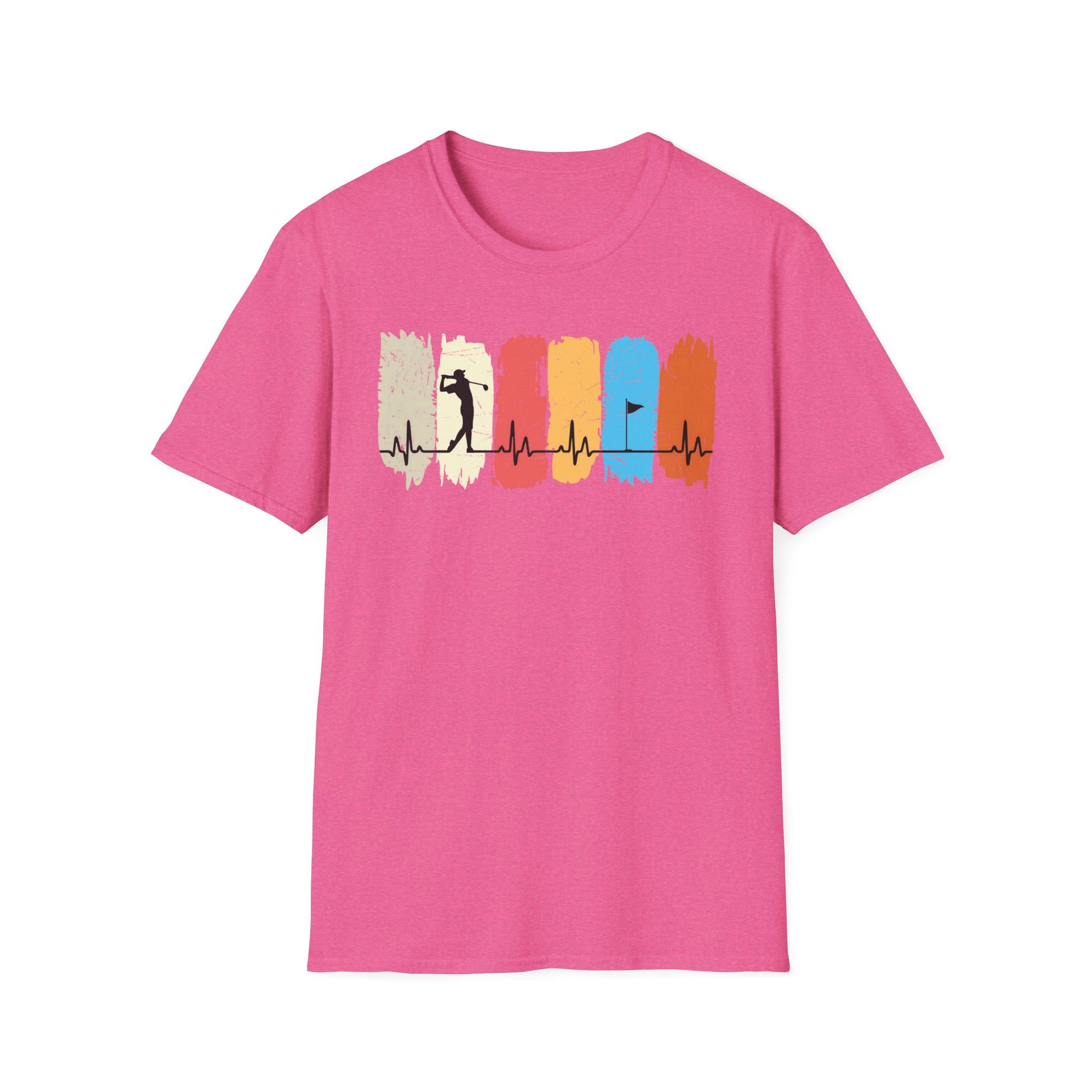 Golfer Heartbeat Retro Sports Tee – Golf graphic t-shirt with ECG heart line Heather Heliconia