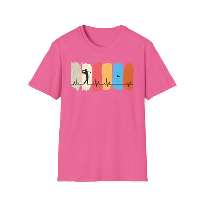 Golfer Heartbeat Retro Sports Tee – Golf graphic t-shirt with ECG heart line Heather Heliconia