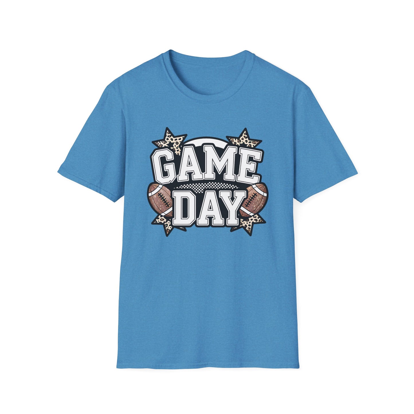 Game Day Glitter Football T-Shirt – Leopard Star & Checkerboard Design for Sports Fans