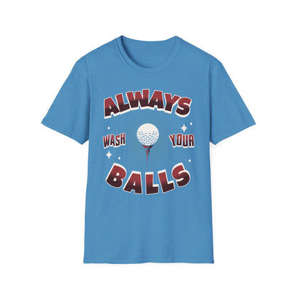 Always Wash Your Balls golf tee – funny vintage golf humor sports graphic T-shirt in Heather Sapphire
