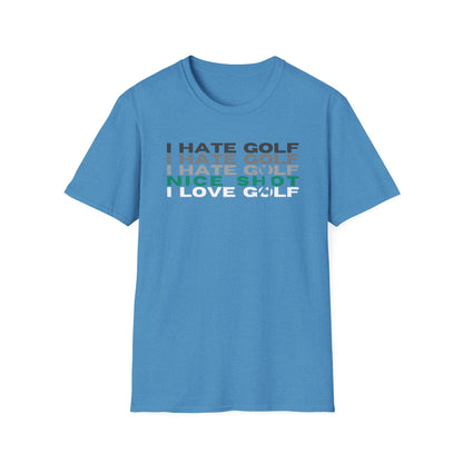  Hate Golf Nice Shot I Love Golf Tee – funny golf humor sports graphic T‑shirt in Heather Sapphire