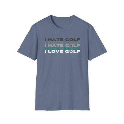  Hate Golf Nice Shot I Love Golf Tee – funny golf humor sports graphic T‑shirt in Heather Indigo