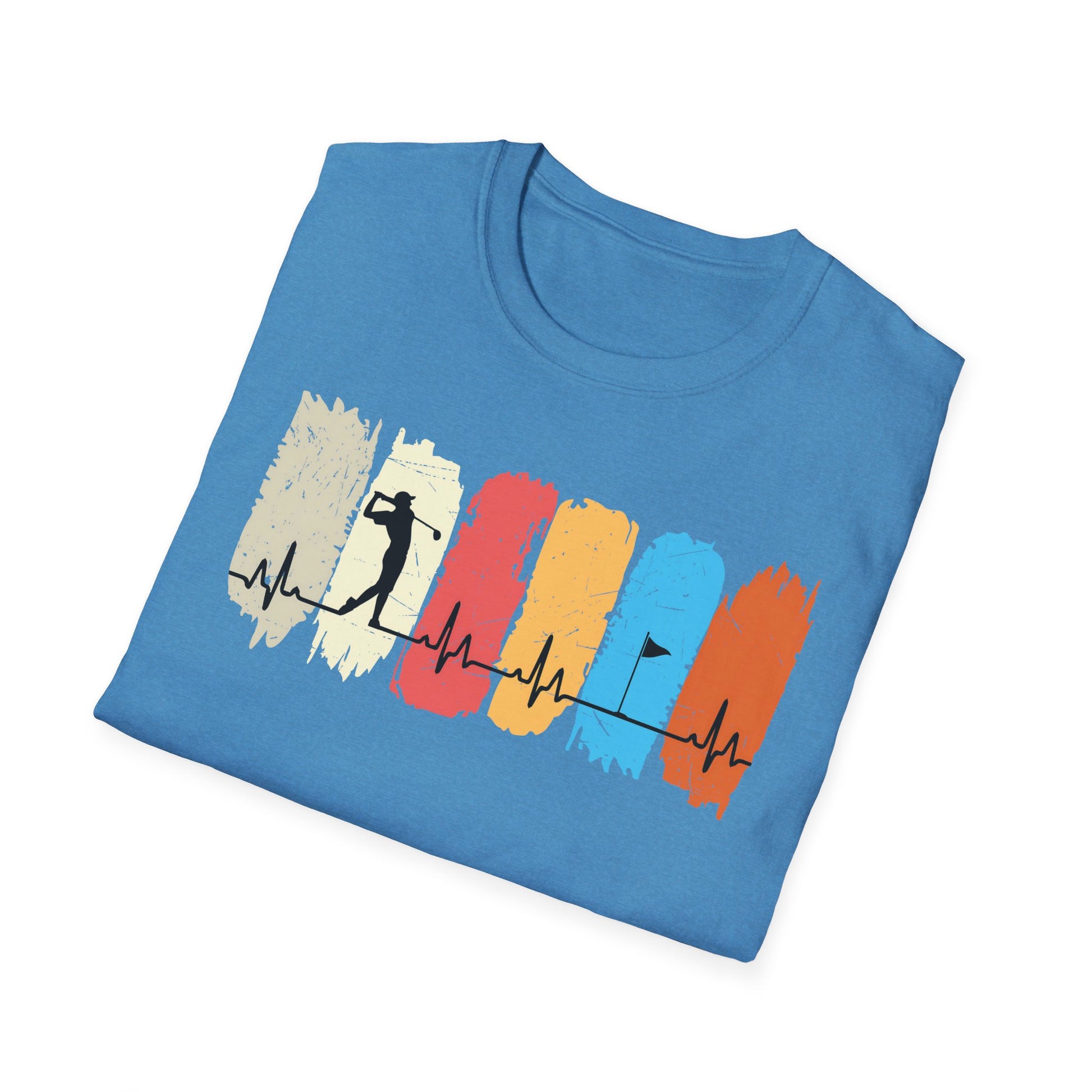 Golfer Heartbeat Retro Sports Tee – Golf graphic t-shirt with ECG heart line B