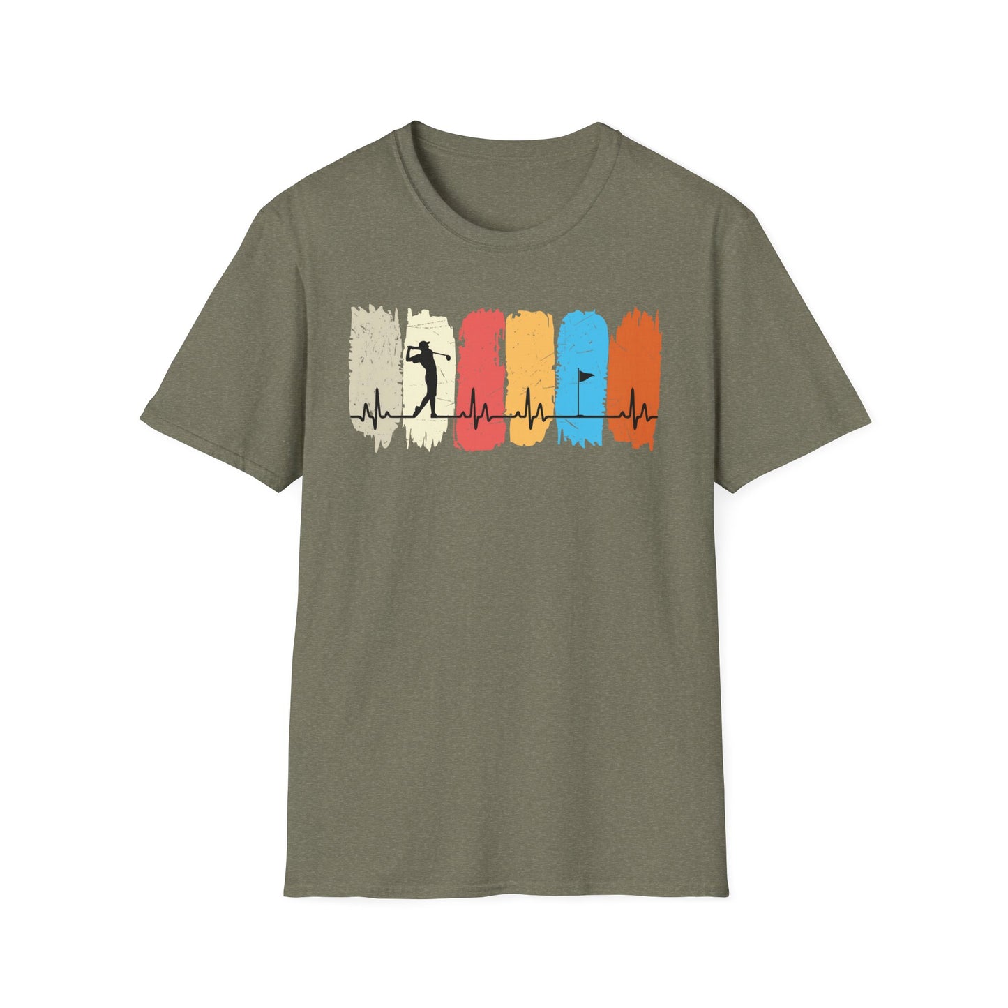 Golfer Heartbeat Retro Sports Tee – Golf graphic t-shirt with ECG heart line Heather Military Green