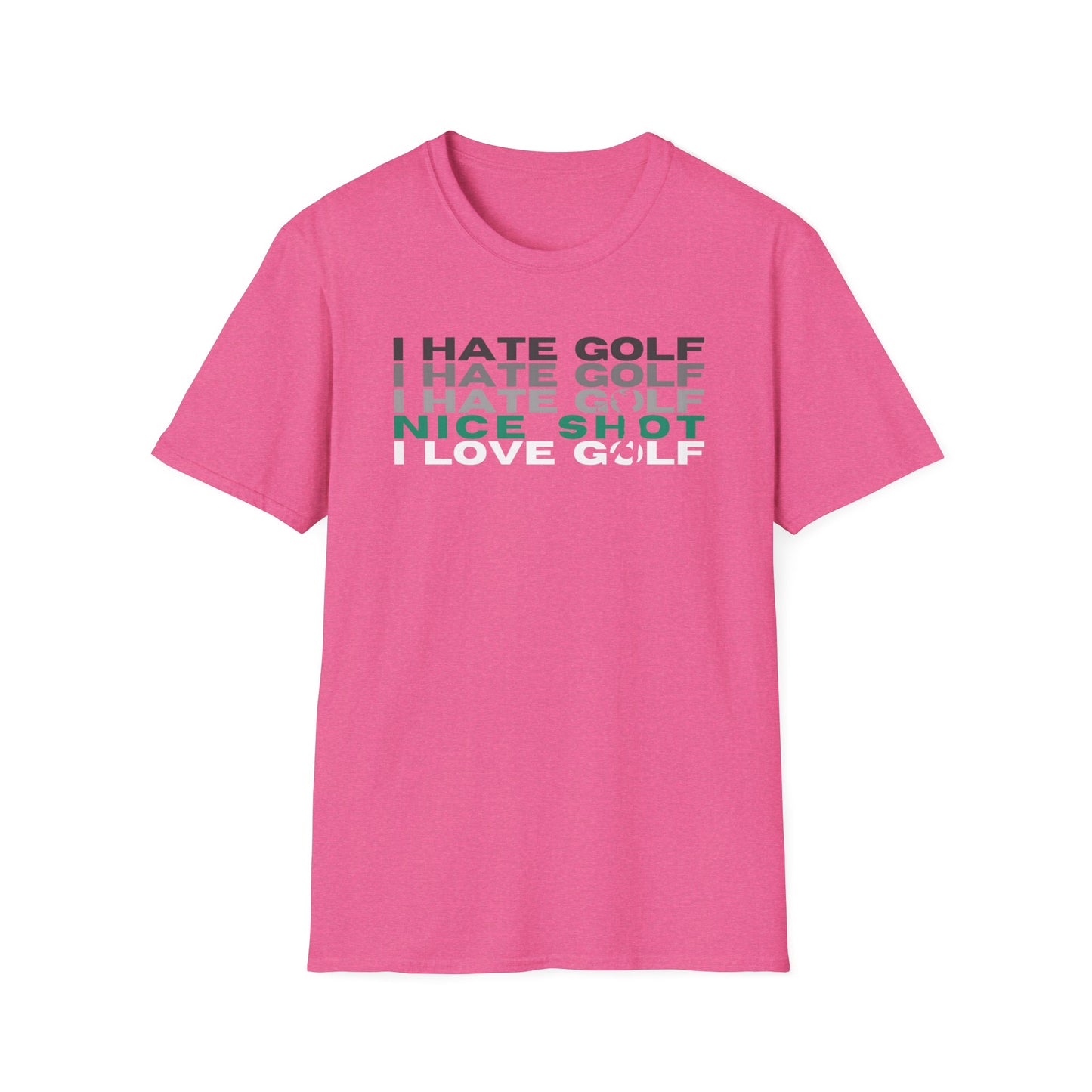 Hate Golf Nice Shot I Love Golf Tee – funny golf humor sports graphic T‑shirt in Heather Heliconia