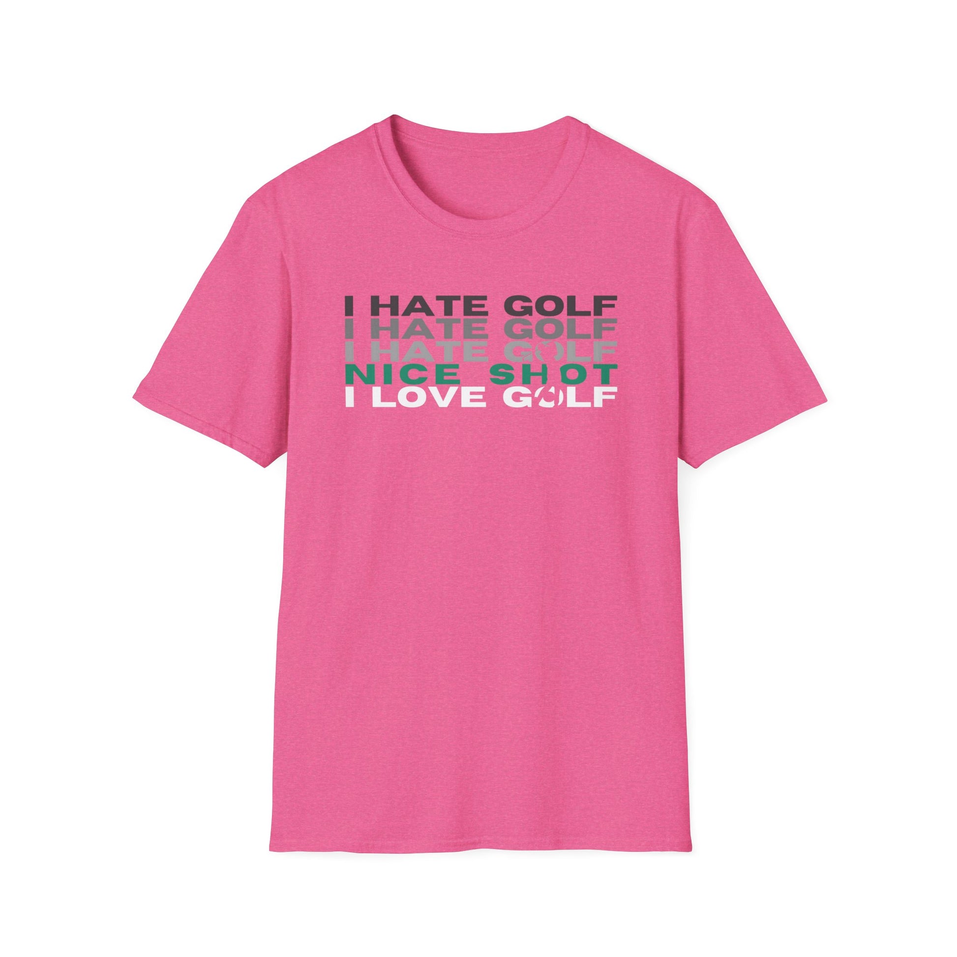 Hate Golf Nice Shot I Love Golf Tee – funny golf humor sports graphic T‑shirt in Heather Heliconia