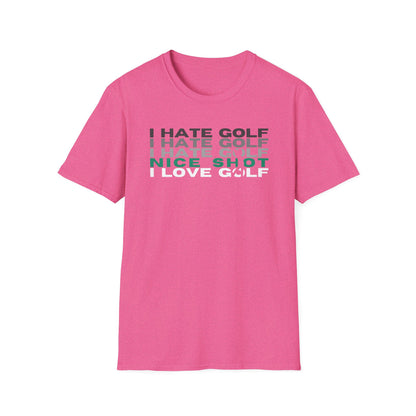 Hate Golf Nice Shot I Love Golf Tee – funny golf humor sports graphic T‑shirt in Heather Heliconia