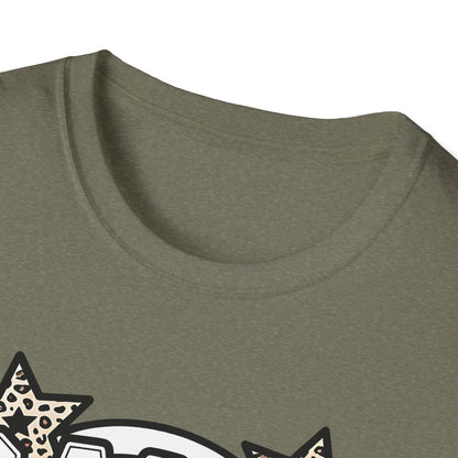 Game Day Glitter Football T-Shirt – Leopard Star & Checkerboard Design for Sports Fans