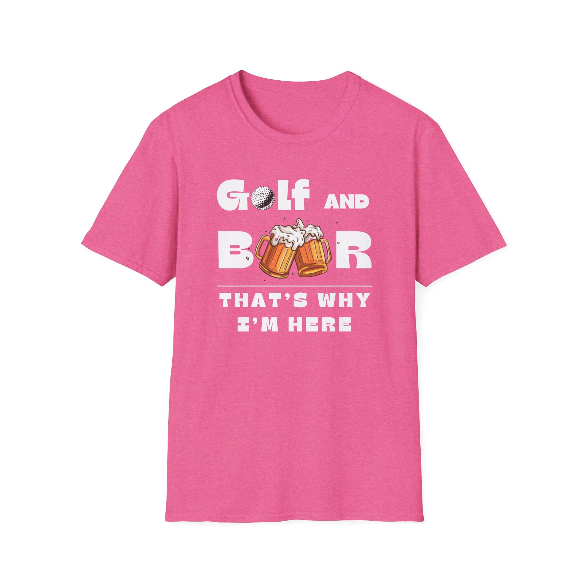 Golf & Beer Tee – funny golf humor sports graphic T-shirt in Heather Heliconia
