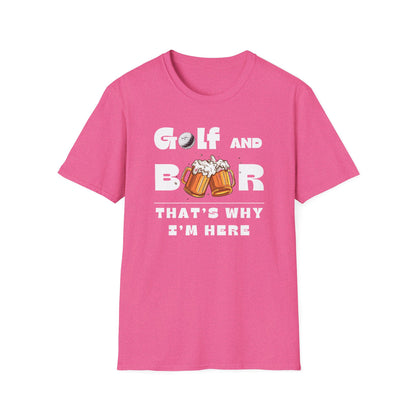 Golf & Beer Tee – funny golf humor sports graphic T-shirt in Heather Heliconia