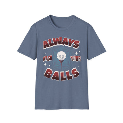 Always Wash Your Balls golf tee – funny vintage golf humor sports graphic T-shirt in Heather Indigo