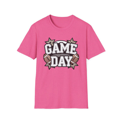 Game Day Glitter Football T-Shirt – Leopard Star & Checkerboard Design for Sports Fans