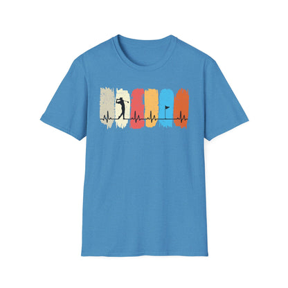 Golfer Heartbeat Retro Sports Tee – Golf graphic t-shirt with ECG heart line Heather Sapphire