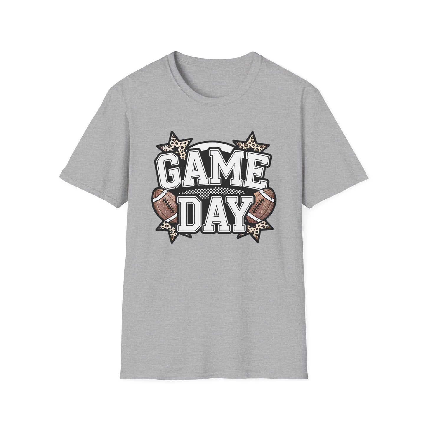 Game Day Glitter Football T-Shirt – Leopard Star & Checkerboard Design for Sports Fans