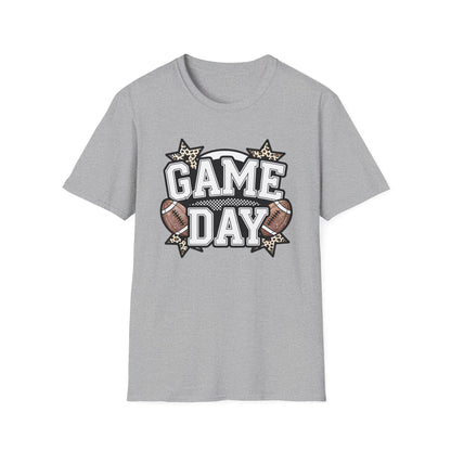 Game Day Glitter Football T-Shirt – Leopard Star & Checkerboard Design for Sports Fans