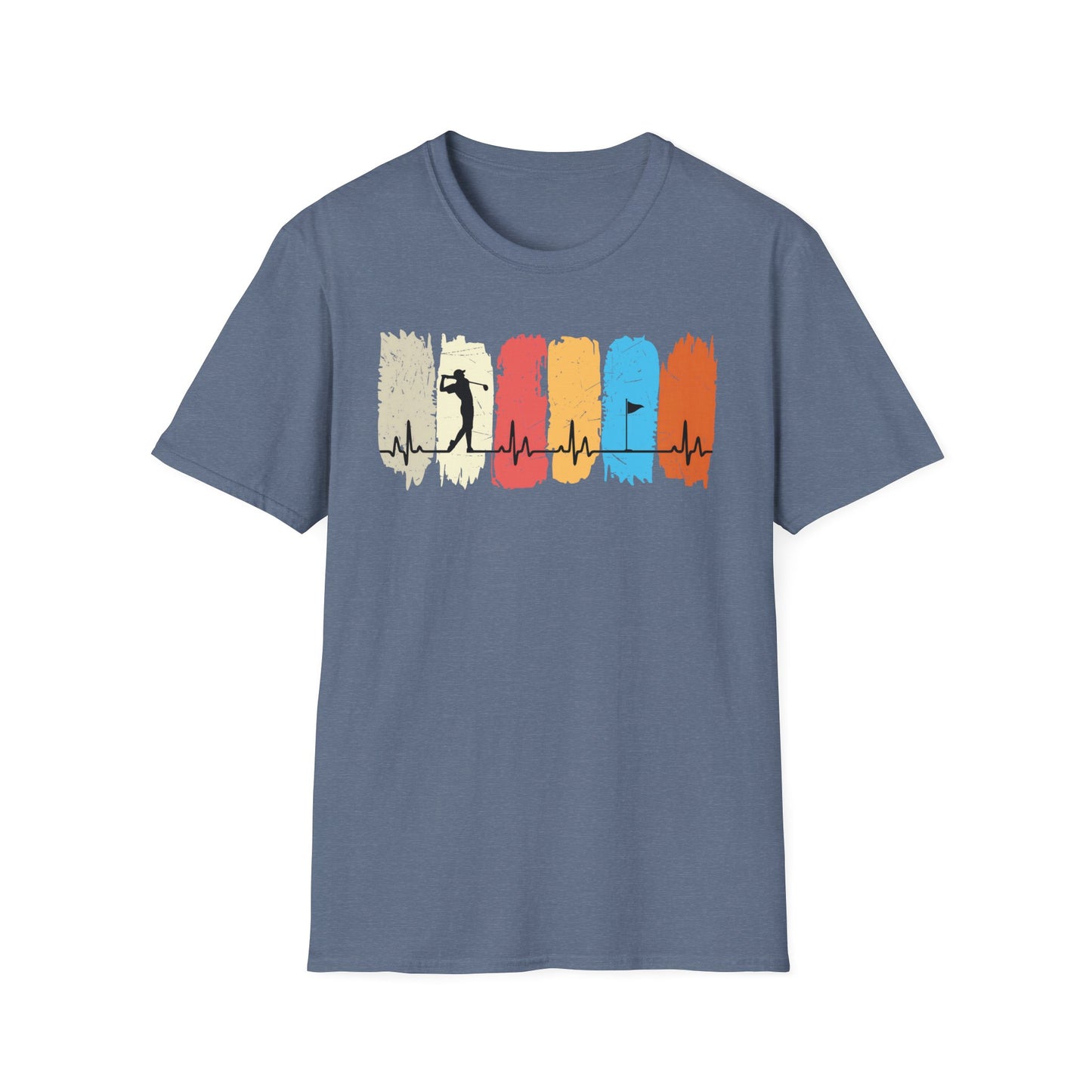 Golfer Heartbeat Retro Sports Tee – Golf graphic t-shirt with ECG heart line Heather Indigo
