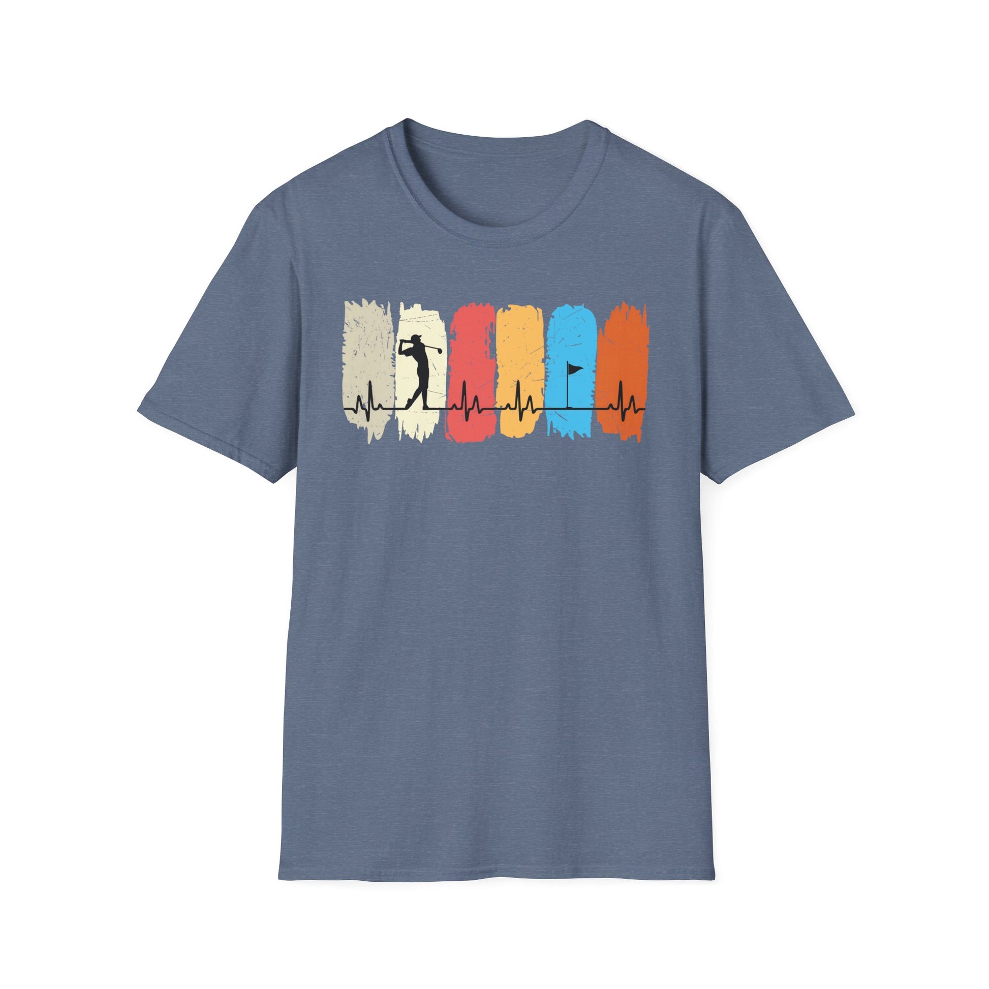 Golfer Heartbeat Retro Sports Tee – Golf graphic t-shirt with ECG heart line Heather Indigo