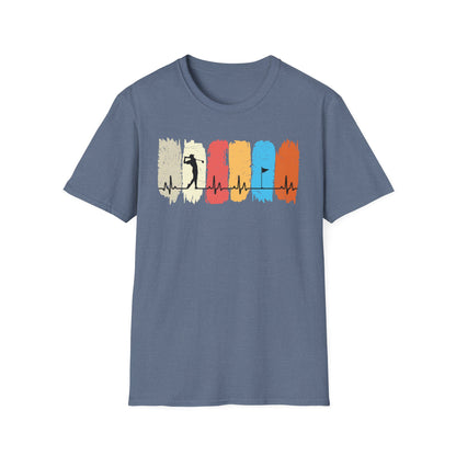 Golfer Heartbeat Retro Sports Tee – Golf graphic t-shirt with ECG heart line Heather Indigo