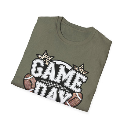 Game Day Glitter Football T-Shirt – Leopard Star & Checkerboard Design for Sports Fans