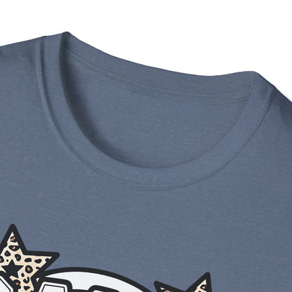 Game Day Glitter Football T-Shirt – Leopard Star & Checkerboard Design for Sports Fans