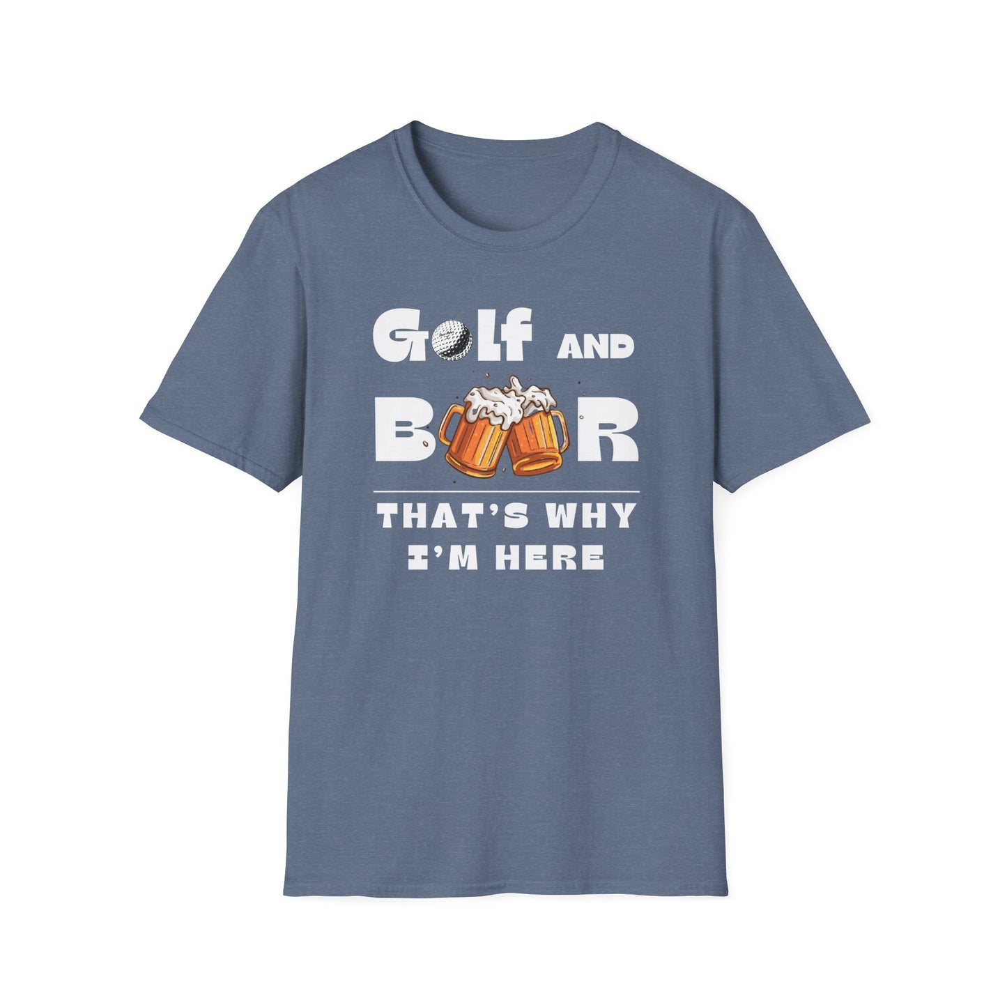 Golf & Beer Tee – funny golf humor sports graphic T-shirt in Heather Indigo