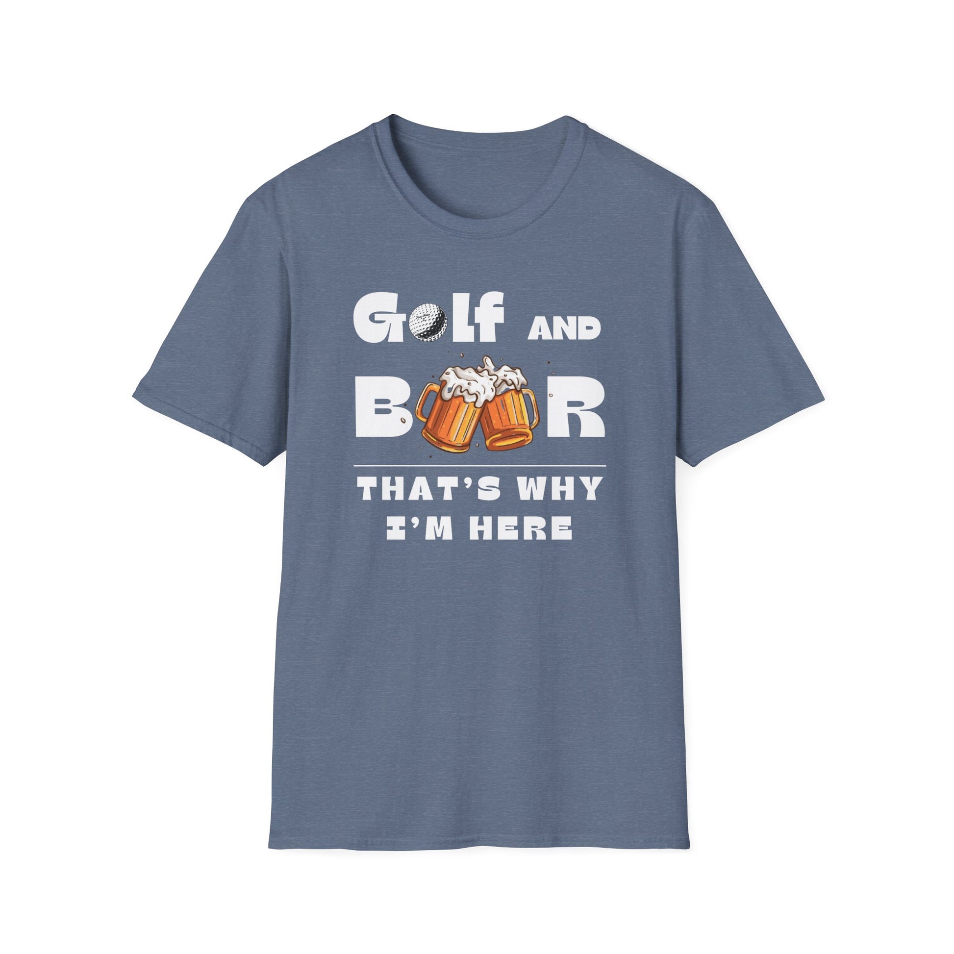 Golf & Beer Tee – funny golf humor sports graphic T-shirt in Heather Indigo