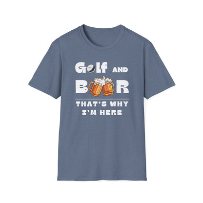 Golf & Beer Tee – funny golf humor sports graphic T-shirt in Heather Indigo