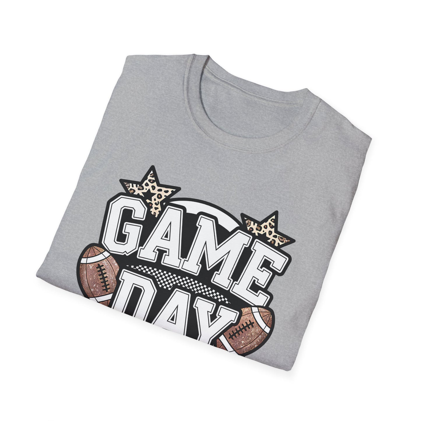 Game Day Glitter Football T-Shirt – Leopard Star & Checkerboard Design for Sports Fans