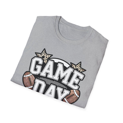 Game Day Glitter Football T-Shirt – Leopard Star & Checkerboard Design for Sports Fans