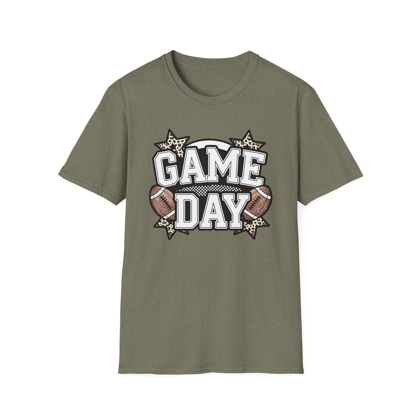 Game Day Glitter Football T-Shirt – Leopard Star & Checkerboard Design for Sports Fans