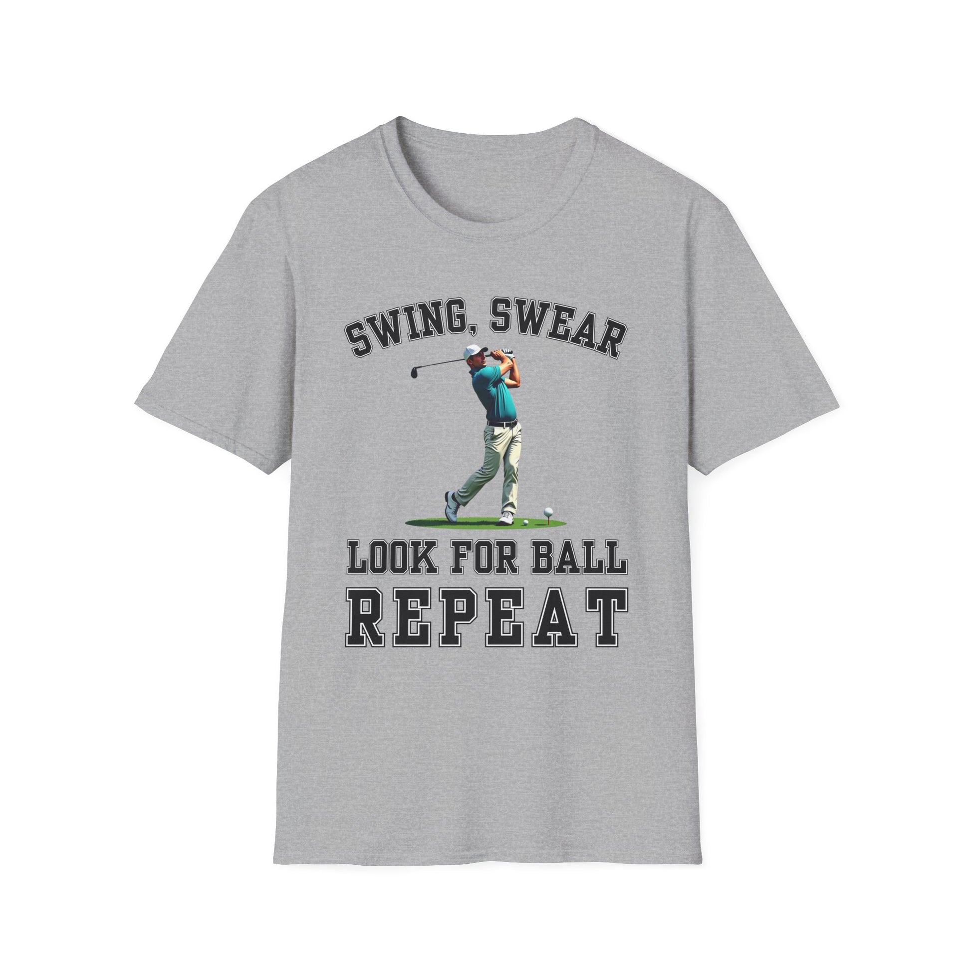 Swing Swear Look For Ball Repeat Golf Tee – funny golf humor sports t-shirt in Sport Grey