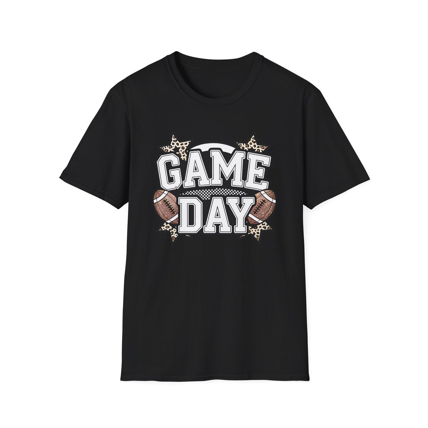 Game Day Glitter Football T-Shirt – Leopard Star & Checkerboard Design for Sports Fans