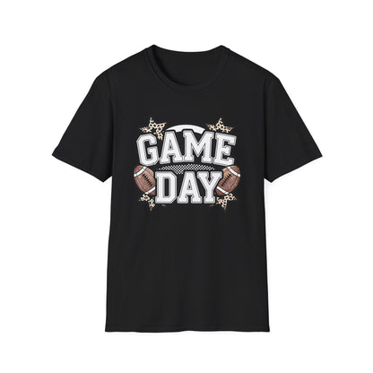 Game Day Glitter Football T-Shirt – Leopard Star & Checkerboard Design for Sports Fans
